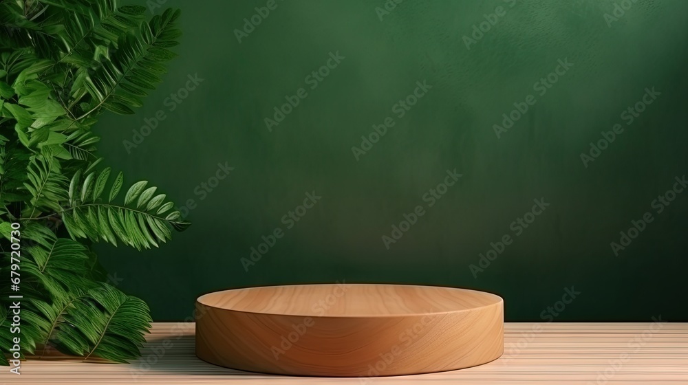 Poster wood podium presentation mock up for product presentation on green wall.3d rendering