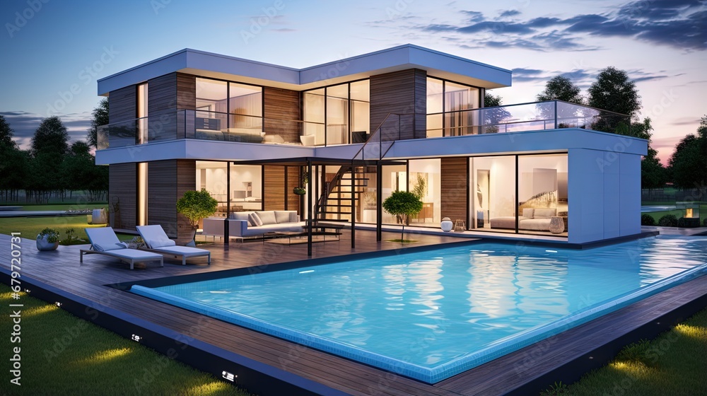Poster 3d rendering and plan of a beautiful modern house with swimming pool