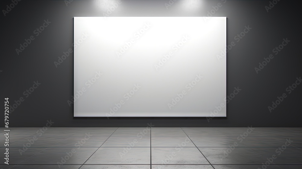 Leinwandbilder Front view on blank white billboard with place for your text or logo in the center of empty room with glossy floor and dark grey wall background. 3D rendering, mockup