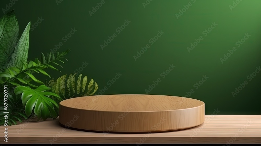 Poster wood podium presentation mock up for product presentation on green wall.3d rendering