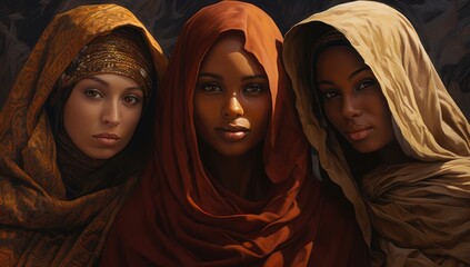  three women wearing headscarves and scarves are standing in front of a painting of a group of women wearing headscarves and scarves. - obrazy, fototapety, plakaty