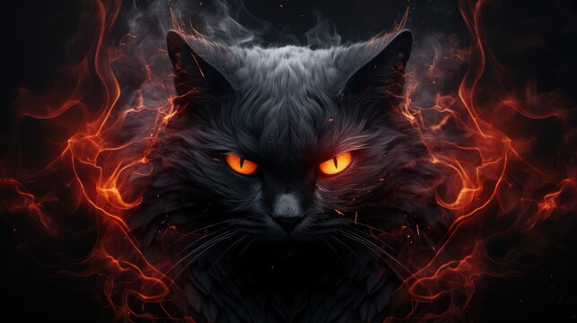  a black cat with glowing orange eyes surrounded by red and orange fire and smoke, on a black background with a black background.