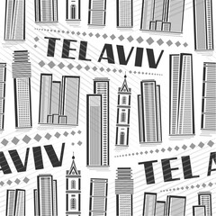 Vector Tel Aviv Seamless Pattern, square repeat background with illustration of famous jewish city scape on white background, monochrome line art urban poster with black text tel aviv for home decor