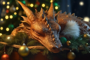 A beautiful big fairytale golden dragon sleeps in a nest against a background of blurred lights. Symbol of 2024, fairytale dragon, christmas fir decorated with decorations, new year card