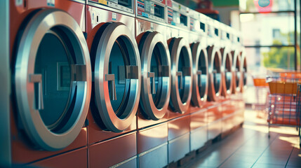 A row of industrial washing machines in a laundry room. Self-service dry cleaning concept. ai generative - obrazy, fototapety, plakaty