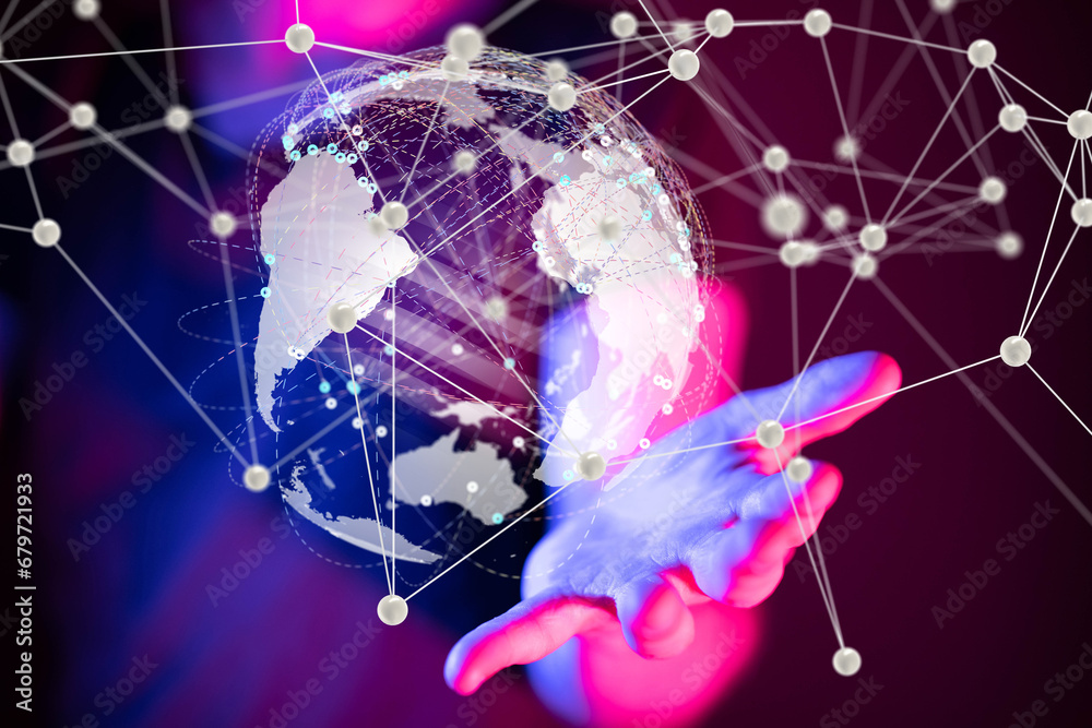 Poster world Global network. Blockchain. 3D illustration. Neural networks and artificial intelligence. Abstract