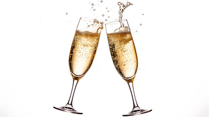 Two touched glasses with Champagne, splashes in different directions, isolated on white background