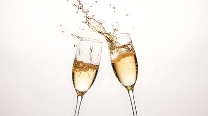 Two touched glasses with Champagne, splashes in different directions, isolated on white background