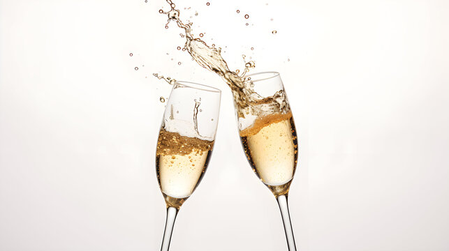 Two touched glasses with Champagne, splashes in different directions, isolated on white background