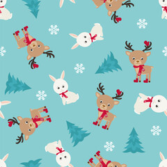 Christmas or New Year seamless pattern with cute cartoon hare, funny reindeer, snowflakes and christmas tree. Winter festive vector background. 