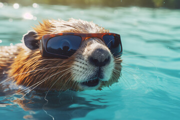 beaver in retro sunglasses - obrazy, fototapety, plakaty