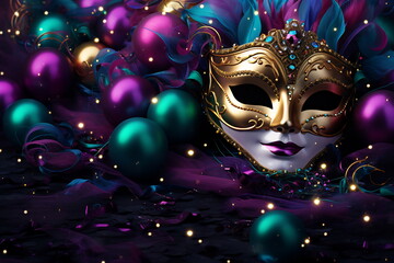 Mardi Gras mask, balloons and sparkles