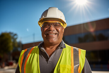 portrait of smiling male engineer on site wearing hard hat, high vis, and ppe in sun flare