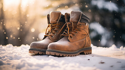 warm winter boots stand on the snow. ai generative - obrazy, fototapety, plakaty