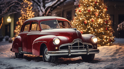A classic antique car parked in winter near a festively decorated Christmas tree. ai generative
