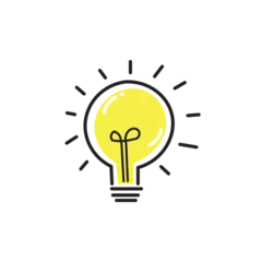 Fotobehang Bombilla de luz incandescente color amarillo sobre un fondo blanco ilustrando una idea tipo logotipo  © Paul