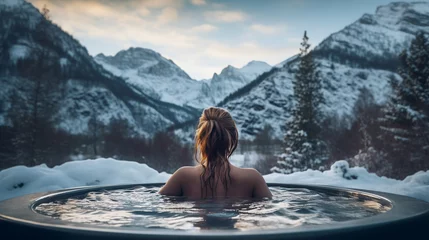 Fotobehang Beautiful girl in a warm jacuzzi against the backdrop of winter mountains. ai generative © Oleksandr