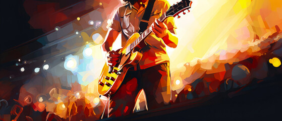 Close up of male  playing on electric guitar on concert stage. Art, poster illustration, banner, flyer. Vector style. Live  Musician performance. Generative ai - obrazy, fototapety, plakaty