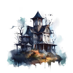 Watercolor cute clipart halloween haunted house on transparent background. sublimation, tshirt, mug, pillow, tumbler, print