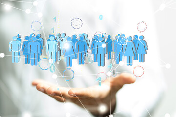 holding 3D rendering group of blue people