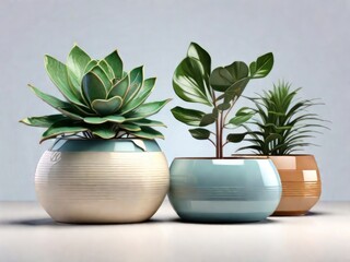 Three pots with succulent plants on the table, 3d render