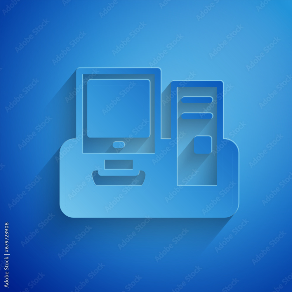 Poster paper cut computer monitor with keyboard and mouse icon isolated on blue background. pc component si