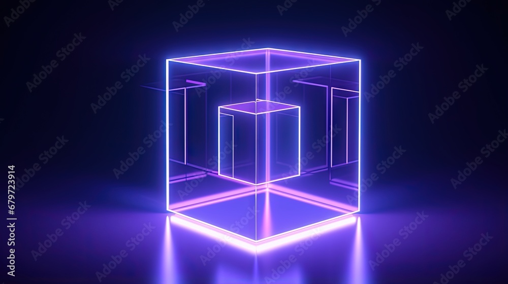 Aufkleber 3d render, abstract neon background with cube box. geometric object glowing in ultraviolet light