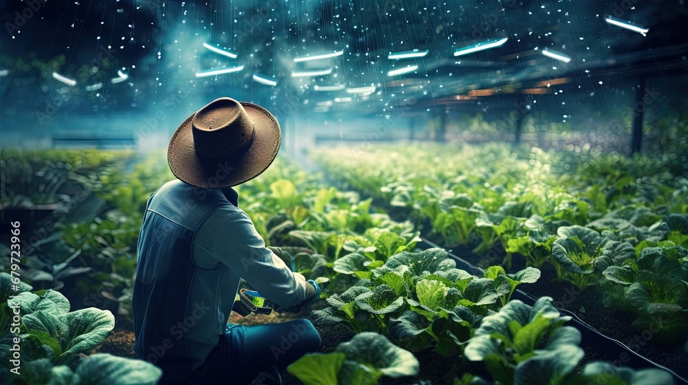 Poster smart agriculture concept, agronomist or farmer use artificial intelligence and augmented reality in