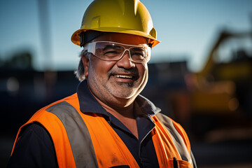 portrait of smiling poc male engineer on site wearing hard hat, high vis, and ppe	