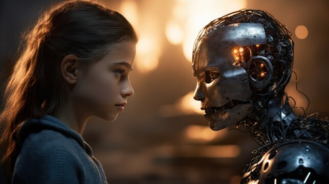  a girl looks at a robot in a scene from the movie the girl in the spider suit and the man in the spider suit are facing each other side.