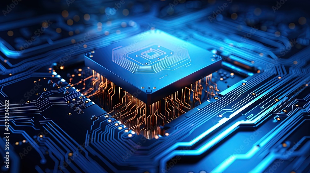Poster Artificial Intelligence hardware concept. Glowing blue brain circuit on microchip on computer motherboard. For big data processing, ai trading, machine learning, technology background