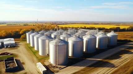 Agricultural silos on the farm in autumn, close-up drone view. Industrial granary, elevator dryer, building exterior, storage and drying of grain, wheat, corn, soy, sunflower. Europe in Hungary - obrazy, fototapety, plakaty