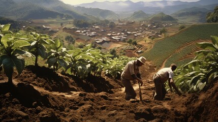 Planting of cocoa plants in a farm in Jaen Cajamarca Peru - obrazy, fototapety, plakaty