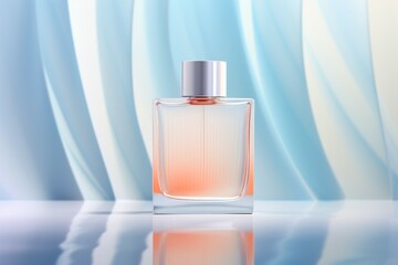 Transparent bottle of perfume on a baby blue background.