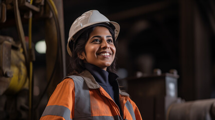 portrait of smiling indian female engineer on site wearing hard hat, high vis vest, and ppe	
