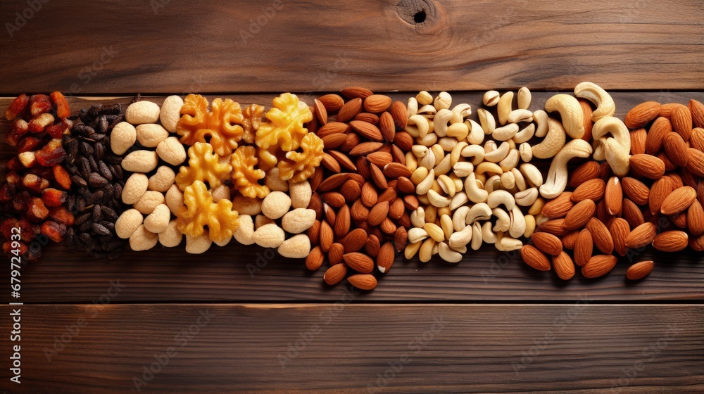 Wall mural Mix of dried fruits and nuts on wooden background. Top view. Almonds, cashew and other healthy fruits. Organic and healthy