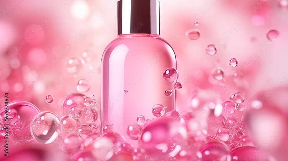 Poster 3d cosmetic rendering pink bubbles of serum on a fuzzy background. design of collagen bubbles. the c