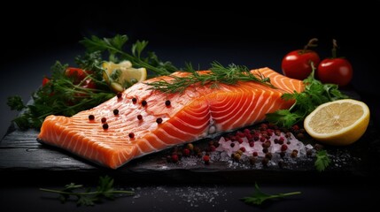 Delicious portion of fresh salmon fillet with aromatic herbs, spices and vegetables - healthy food, diet or cooking concept