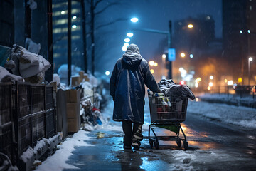 Amid a snowy cityscape, a homeless man with a cart treks on, braving the harsh winter night.