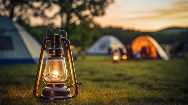 Focus at camping acetylene lantern with blurred background of field tents in camping area at natural parkland