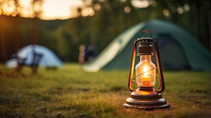 Focus at camping acetylene lantern with blurred background of field tents in camping area at natural parkland - obrazy, fototapety, plakaty