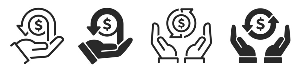 Cashback icons set. Money refund symbol. The hand that receives the money return and return on investment - stock vector.