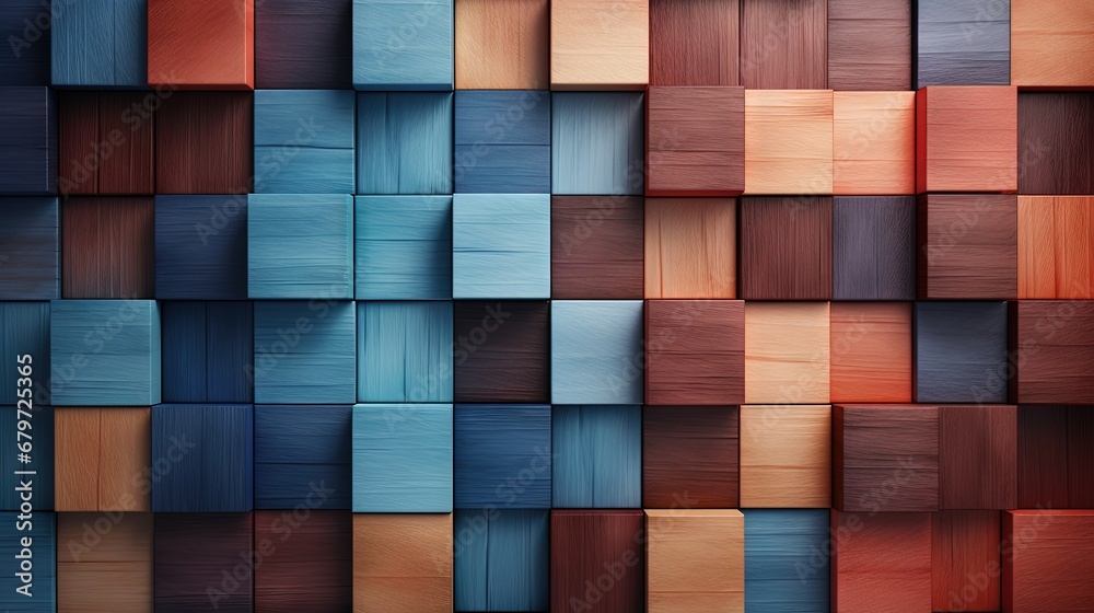 Poster colored wooden tiles in a arranged pattern, multiple colors. arranged on a natural white background,