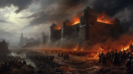 Crusade historical dark battlefield painting. - obrazy, fototapety, plakaty