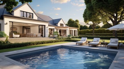 Realistic 3d render visualisation of cottage back yard luxury swiming pool real estate archviz - obrazy, fototapety, plakaty