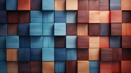 Colored wooden tiles in a arranged pattern, multiple colors. Arranged on a natural white background, with highlight on upper left corner and natural shadows.