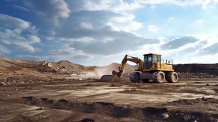 Industrial landscape. Extraction of gravel. Bulldozer Working in the background of sky and gravel hills.