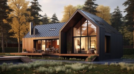 Modern barn house with a stylish exterior and facade. Concept of an eco-friendly house. Scandinavian style Barnhouse in the woods. - obrazy, fototapety, plakaty