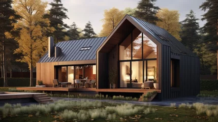 Foto op Plexiglas Modern barn house with a stylish exterior and facade. Concept of an eco-friendly house. Scandinavian style Barnhouse in the woods. © HN Works