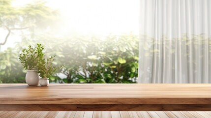 Fototapeta na wymiar 3D rendering of empty fine teak wood table top for products display, beautiful sunlight from a white bay window garden view with blowing sheer curtains in background, Mock up, Backdrop, Home product.